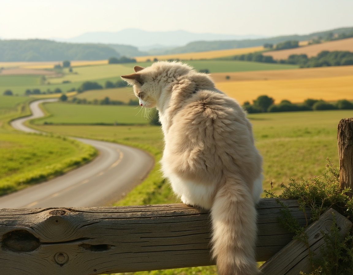 Cat gazes at the quiet beauty of a country road, framed by a weathered wooden gate.